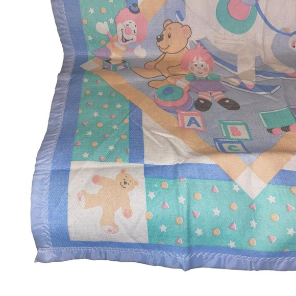 Vintage 1980's Satin Trim Blanket Rocking Horse Bear Doll Train Blocks Excellent - Picture 4 of 10